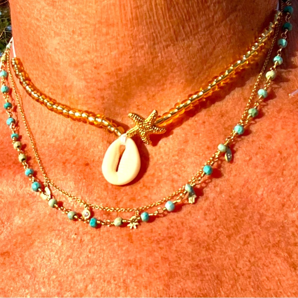 New So Cool Boho Beach Gold Starfish Beaded Necklace